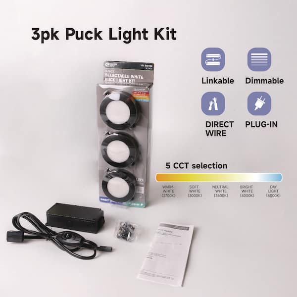 Commercial Electric Plug-In 3-Light Black Dimmable Color Changing