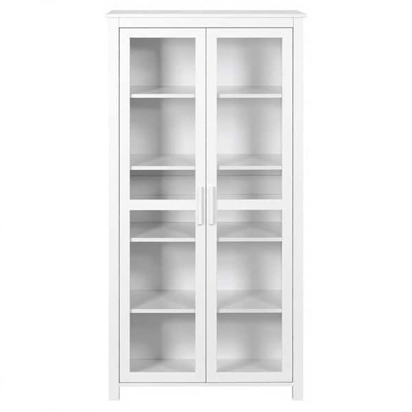White 63 in. H Kitchen Pantry Cabinet with Glass Doors, Adjustable Shelves 5-Tier Wood Display Storage Cabinet