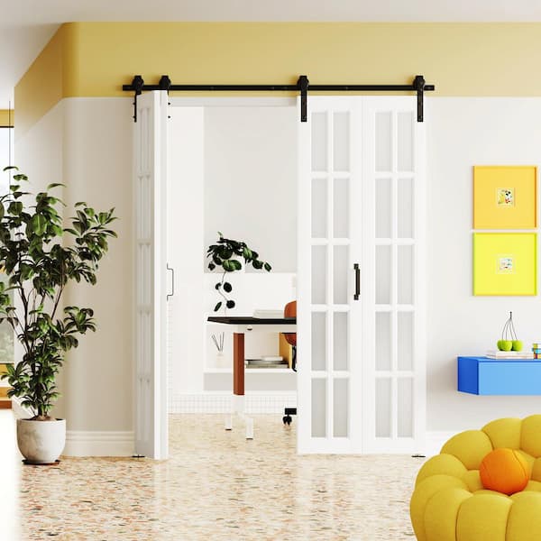 60 in. x 84 in. 10 Lite Frosted Glass White Finished MDF Bi-Fold Style Sliding Barn Door with Hardware Kit