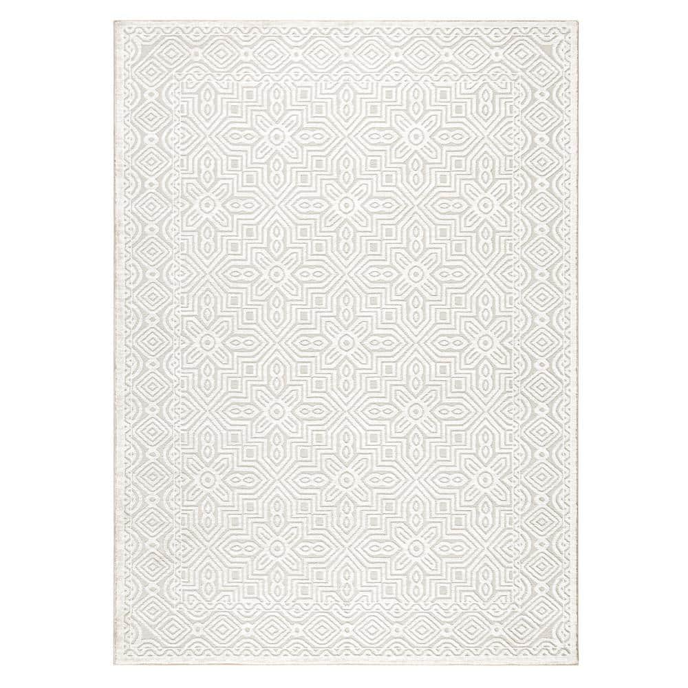 Ivory Greige Synthetic Reversible Rectangular Area Rug 6'6" x 9'6"