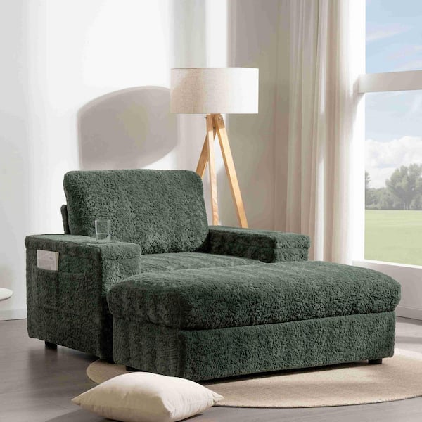 Green Faux Fur Arm Chair with Storage Ottoman, Armrests, Cup Holders and Upholstered Sleeper Chair