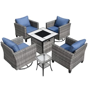 New Vultros Gray 5-Piece Wicker Patio Fire Pit Conversation Set with Blue Cushions and Swivel Rocking Chairs