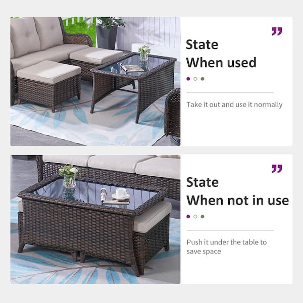 Brown 7-Piece Wicker Patio Conversation Set with Swivel Rockers, Outdoor Sofa Seating Set with Olefin Beige Cushions