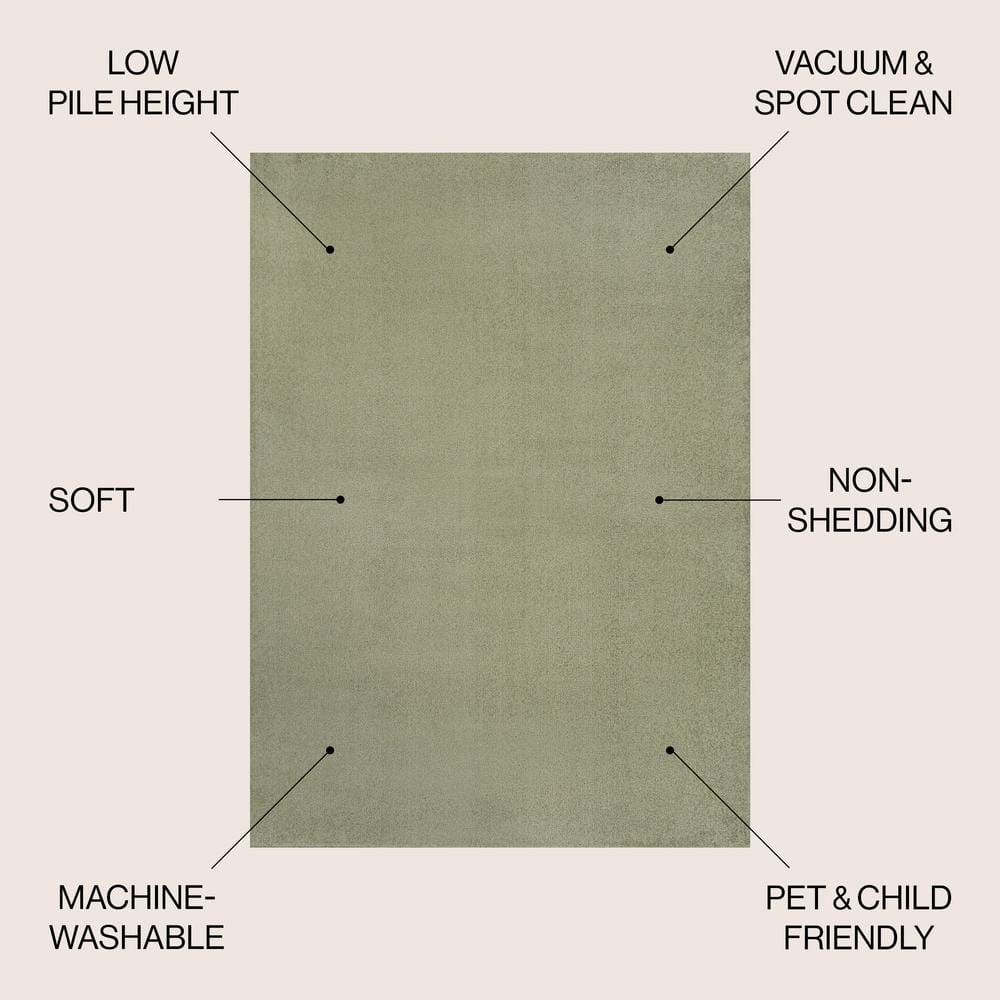 Sage Green Low-Pile Machine-Washable Synthetic Rectangular Area Rug
