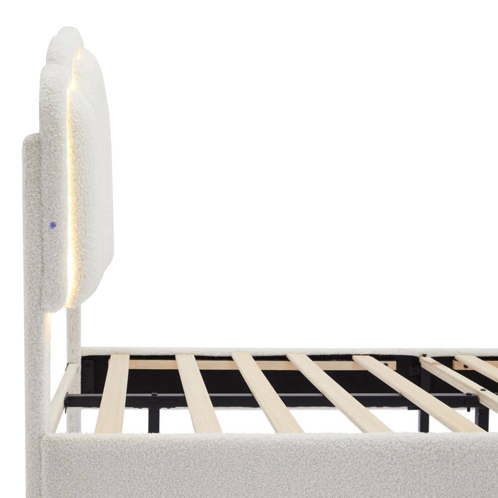 White Sherpa Fabric Upholstered Twin Platform Bed with LED Flower Headboard