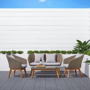 Gray 4-Piece Wood and Wicker Outdoor Rustic All-Weather Patio Conversation Set with Gray Cushions