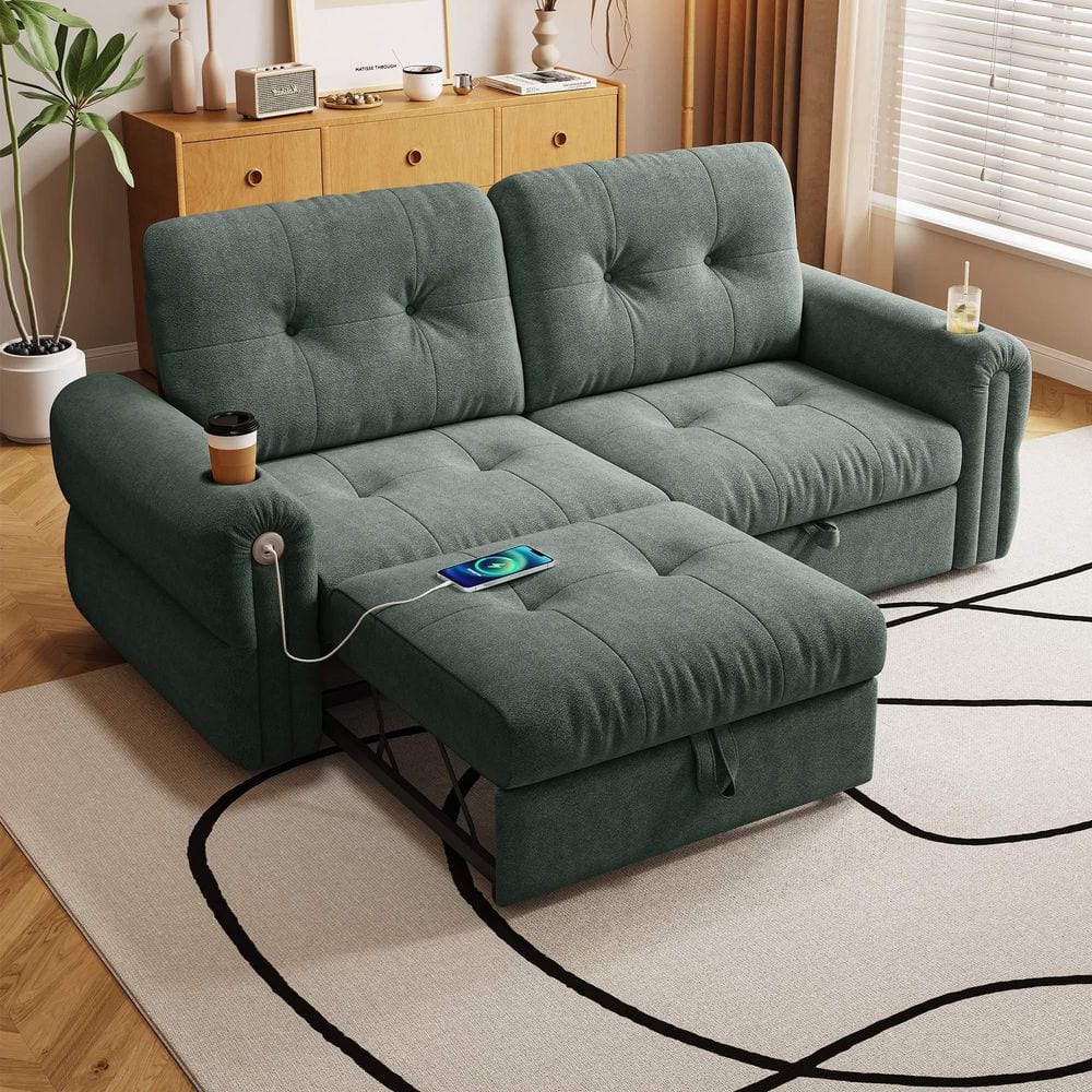 77 in. Green Chenille King Size Sofa Bed