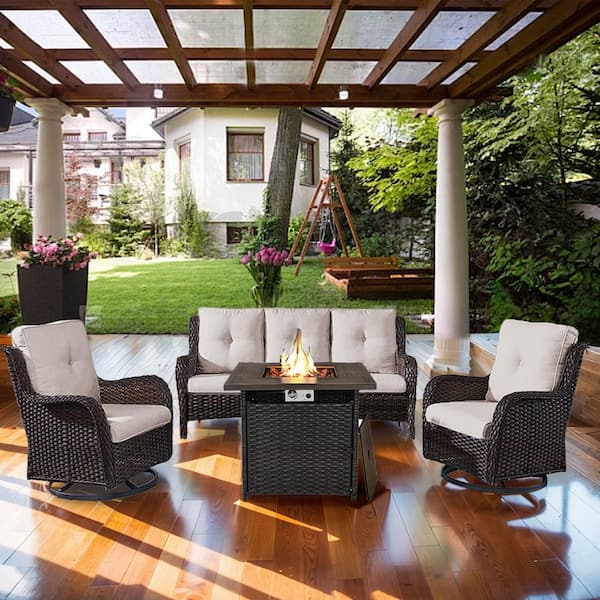 moosprr 4-Piece Brown Wicker Fire Pit Conversation Set with Olefin Beige Cushions and Curved Arm Swivel Glider Chairs