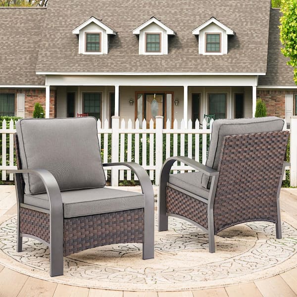 Opohoro ArcMetal Metal and Brown Wicker Outdoor Lounge Chair with Olefin Gray Cushions (2-Pack)