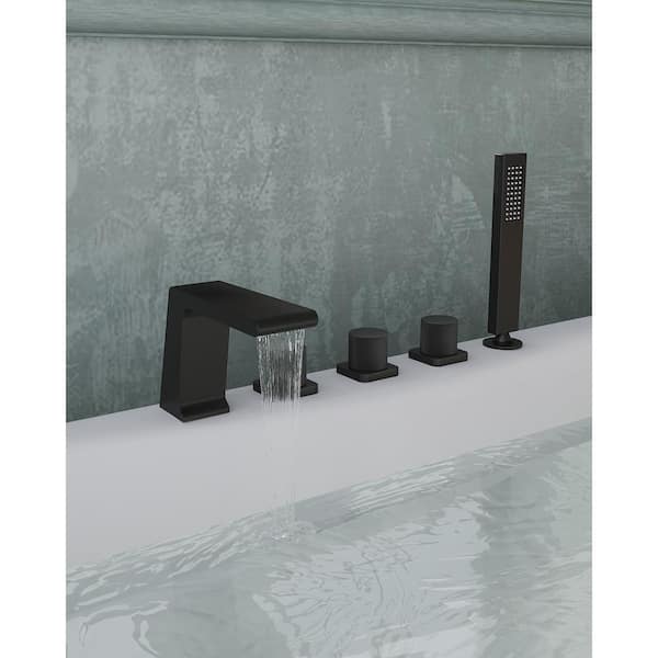 EVERSTEIN 3-Handle Tub-Mount Roman Tub Faucet with Hand Shower in Matte Black