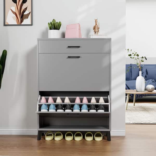 43 in. H x 32 in. W Gray Shoe Storage Cabinet, Freestanding Shoe Rack with 2-Flip Drawers and Metal Legs, Hallway/Closet