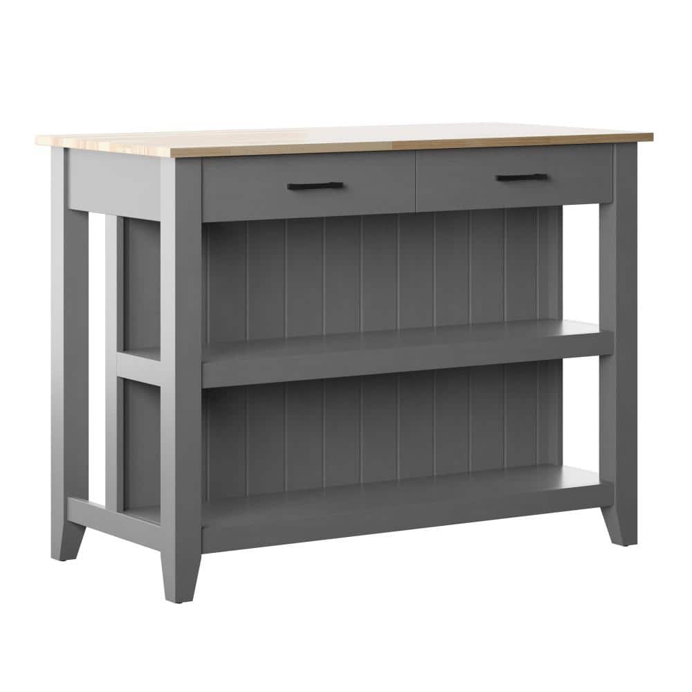 Antique Gray Modern Farmhouse Kitchen Island with Open Shelves