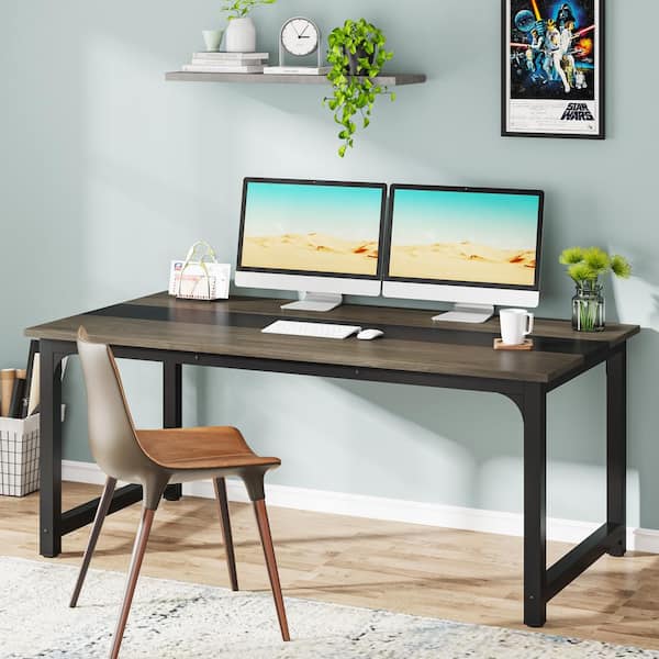 63 in. Rectangular Gray Oak Engineered Wood Computer Desk with Thicken Frame for Home Office