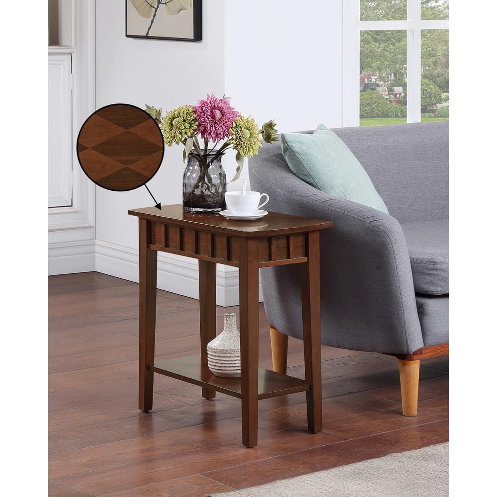Espresso Diamond-Shape Top End Table with Dual-Tier Shelving