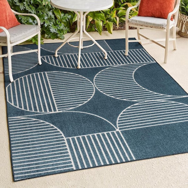 JONATHAN Y Nordby High-Low Geometric Arch Scandi Striped Navy/Cream 3 ft. x 5 ft. Indoor/Outdoor Area Rug