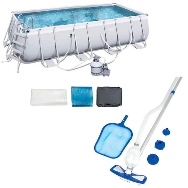 Bestway 18 ft. x 9 ft. x 48 in. Rectangular Frame Above Ground Pool and Cleaning Kit