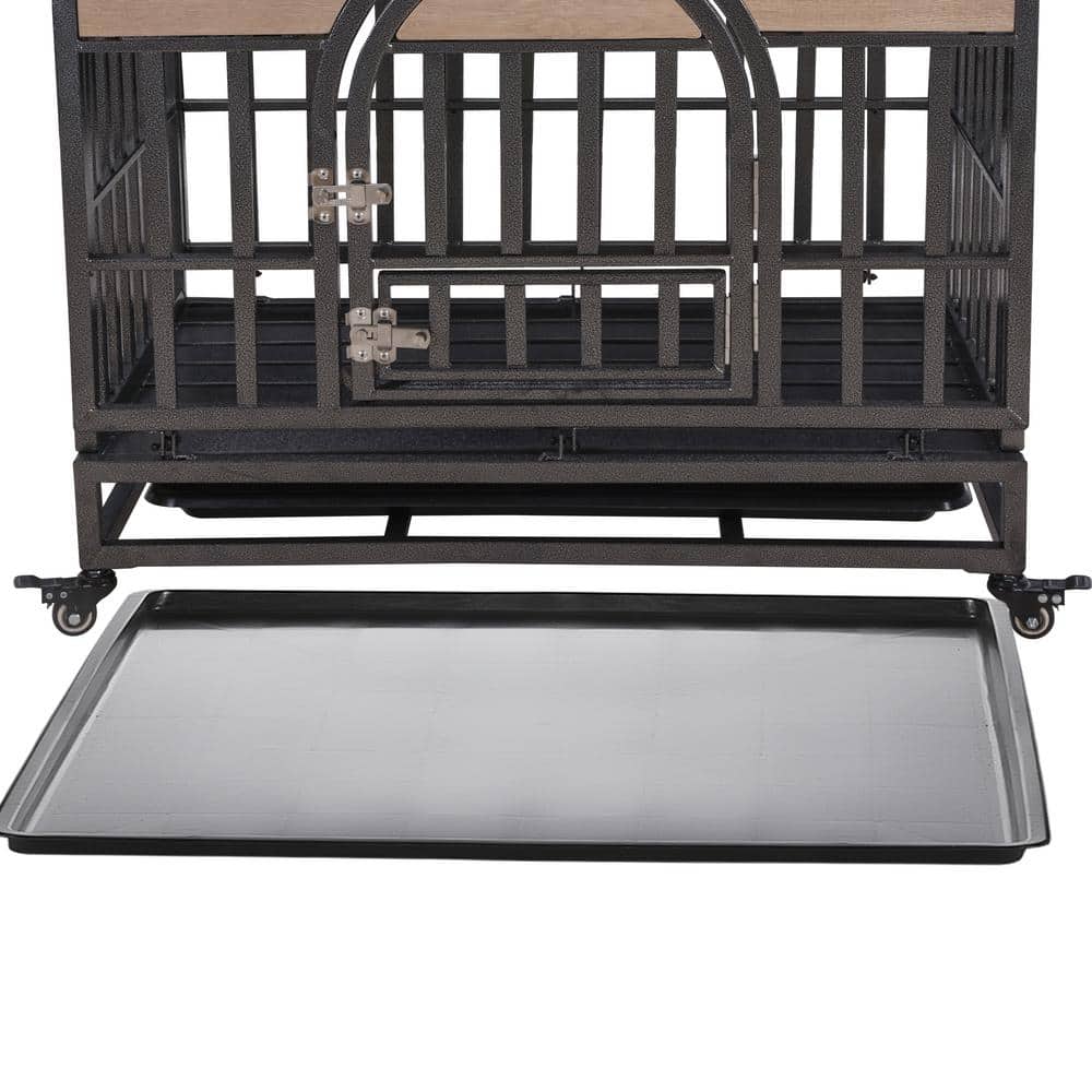 Large Gray Rolling Heavy Duty Dog Crate with Removable Trays