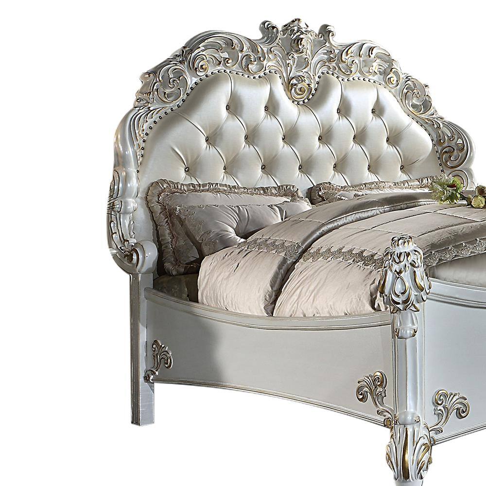 Vendome Queen Bed with Antique Pearl Finish and Tufted Upholstery