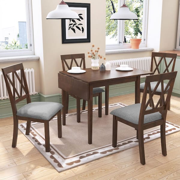 5-Piece Rectangular Brown Wood Top Dining Table Set Seats 4 with Drop Leaf Dining Table and 4 Dining Upholstered Chairs