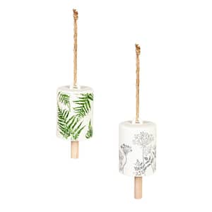 6 in. Dandelion and Fern Leaves Ceramic Garden Bell with Rope, Set of 2