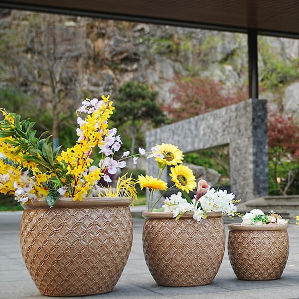 Set of 3 13 in. Round Brown Ceramic Flower Pot with Drainage-Frost Resistant Planter for Indoor Outdoor