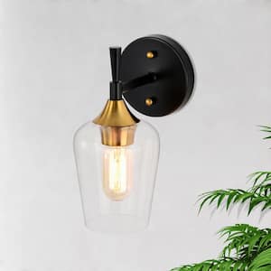 Arlo 5 in. 1-Light Black and Antique Brass Indoor Wall Sconce with Clear Glass Shade