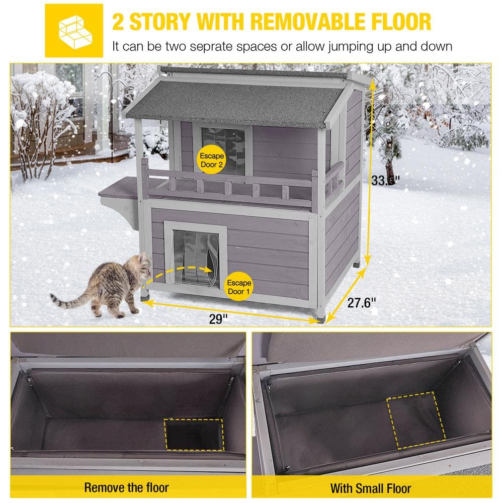 Insulated Two-Story Gray Outdoor Cat House with PVC Door