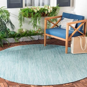 Beach House Aqua 5 ft. x 5 ft. Solid Striped Indoor/Outdoor Patio  Round Area Rug