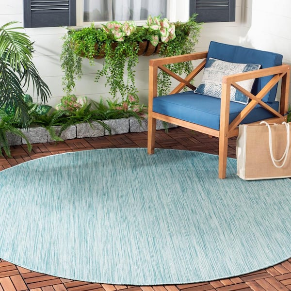 Beach House Aqua 7 ft. x 7 ft. Round Striped Indoor/Outdoor Patio  Area Rug