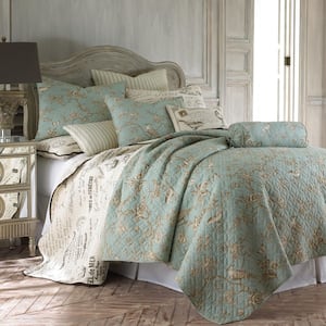 Lyon Teal 2-Piece Teal Floral Toile Cotton Twin/Twin XL Quilt Set