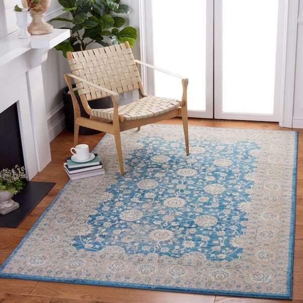 Sofia 9 ft. x 12 ft. Blue/Beige Floral Border Area Rug