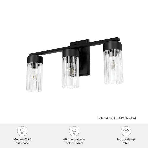 Hunter - Gatz 22.25 in. 3-Light Matte Black Vanity Light with Clear Fluted Glass Shades