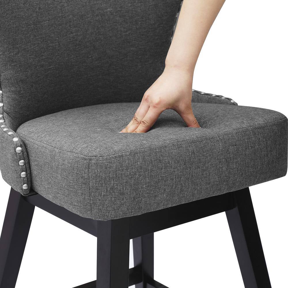 Gray Linen Fabric Upholstered Swivel Counter Stools with Solid Wood Frame, Set of 2