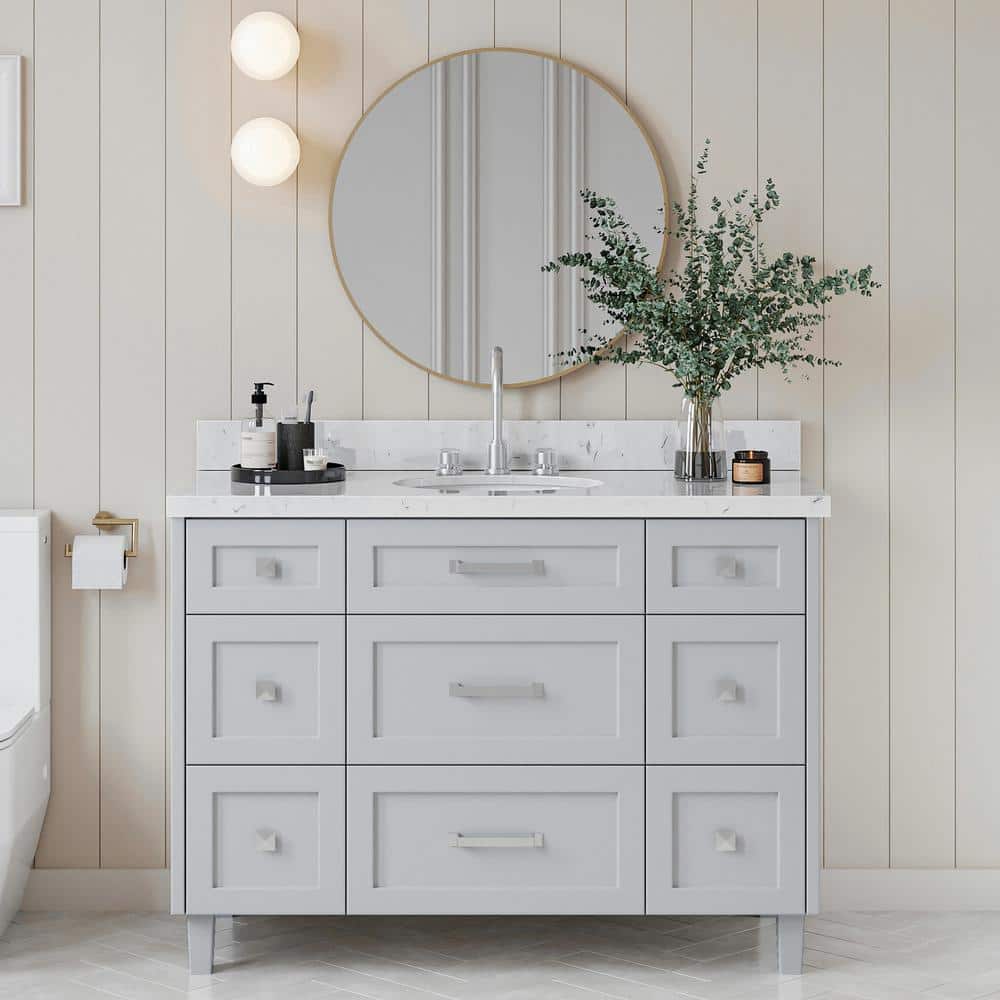 Gray Solid Wood Single Sink Bathroom Vanity with Carrara Quartz Top