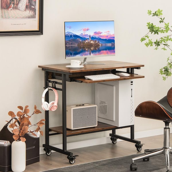 24 inch Narrow Compact Rolling Computer & Laptop Desk; Small Spaces