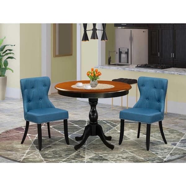 East West Furniture 3-Piece Black and Cherry Finish Solid Wood Top - Button Tufted Dining Room Set - Seats-4