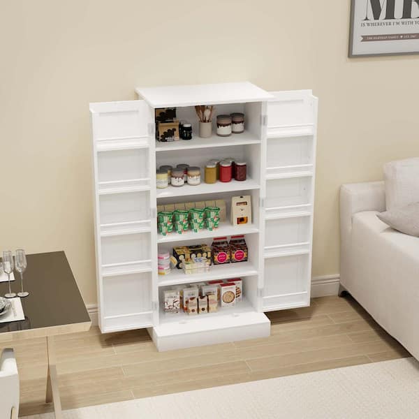 24 in. W x 16 in. D x 50 in. H in White MDF Ready to Assemble Floor Base Kitchen Cabinet with 2 Doors & Racks and LED