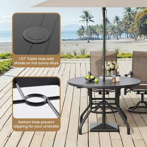 hampton outdoor patio table with umbrella hole Enlarged Metal Square Dining or gathering with friends for an evening under the stars 7-Piece Wood and Metal Patio