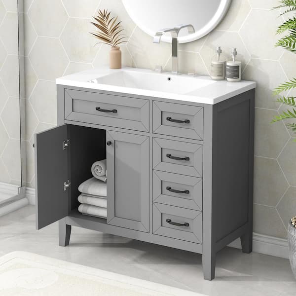 36 in. W x 18 in. D x 36 in. H Gray Bath Vanity with Single Sink and White Ceramic Top, 3-Drawers