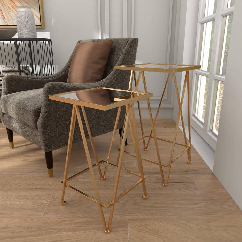Sleek Gold Metal and Mirrored Glass Square Accent Table Set