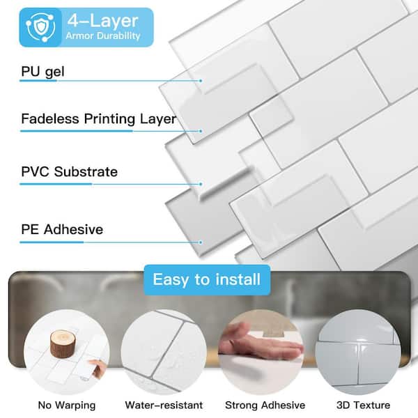 White 12.6 in. x 10.6 in. PVC Peel and Stick Backsplash, Water Resistant Subway Tiles Stick on Kitchen (10-Pack)