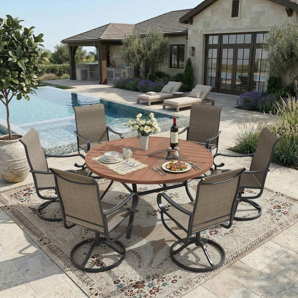 7-Piece Metal Outdoor Dining Set with 50 in. Walnut Slat Round Table and 6 Brown Patio Textilene Swivel Rocking Chairs price history on PriceWatchPro