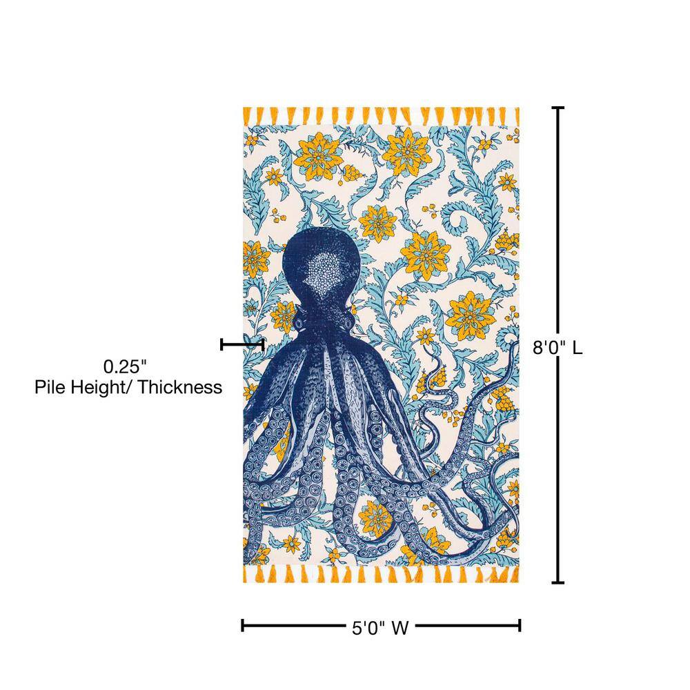 Multicolor Cotton Octopus Flatweave Area Rug with Tassels, 5' x 8'