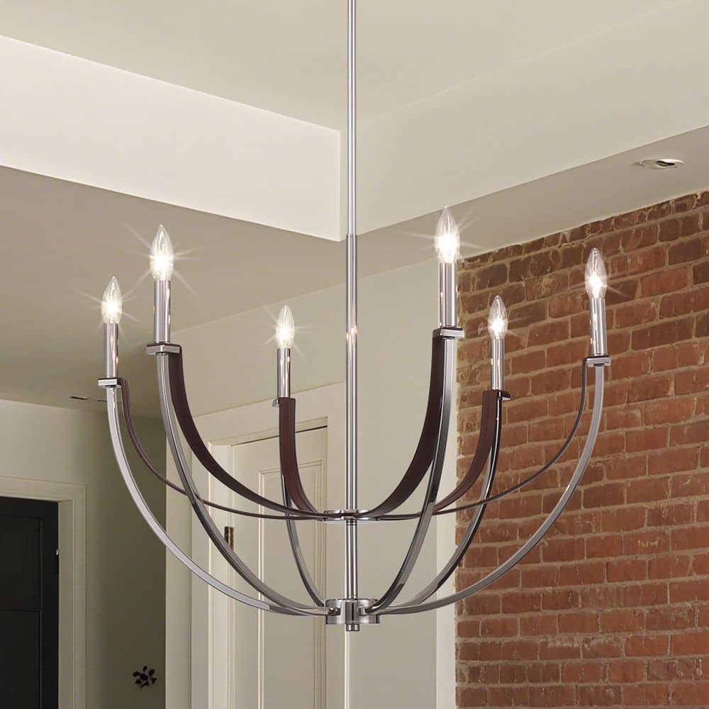 Sussex 29 in. 6-Light Polished Nickel and Dark Brown Faux Leather Chandelier price history on PriceWatchPro