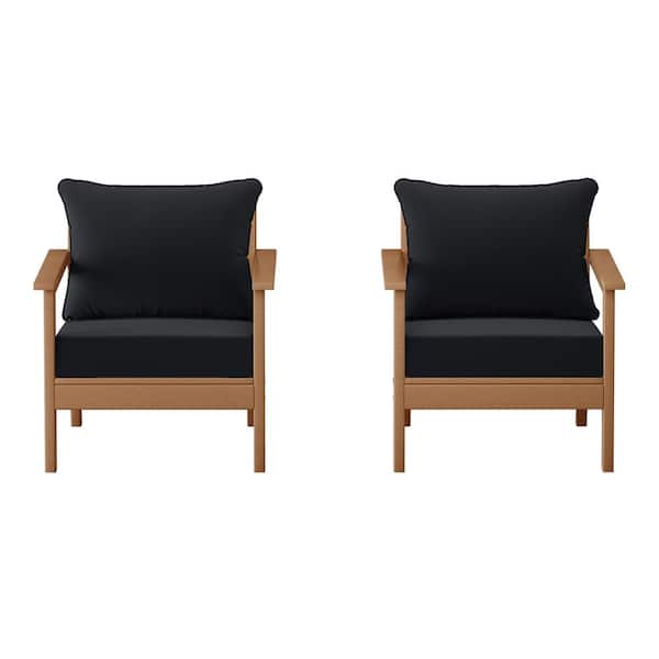 Birchwood Teak Outdoor Patio (Set of 2) Deep Seating HDPE Lounge Chairs w/ Black Cushions