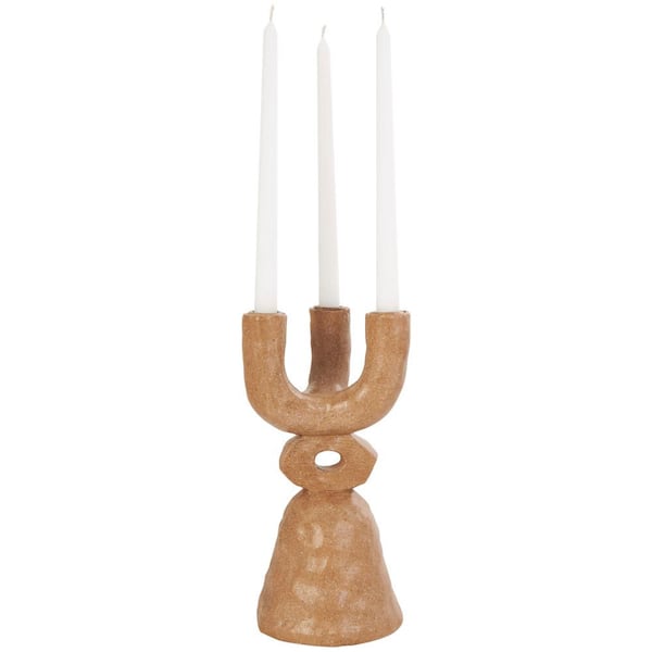 Litton Lane 11 in. Brown Resin Antique Style Totem Abstract Candelabra with Speckled Detailing