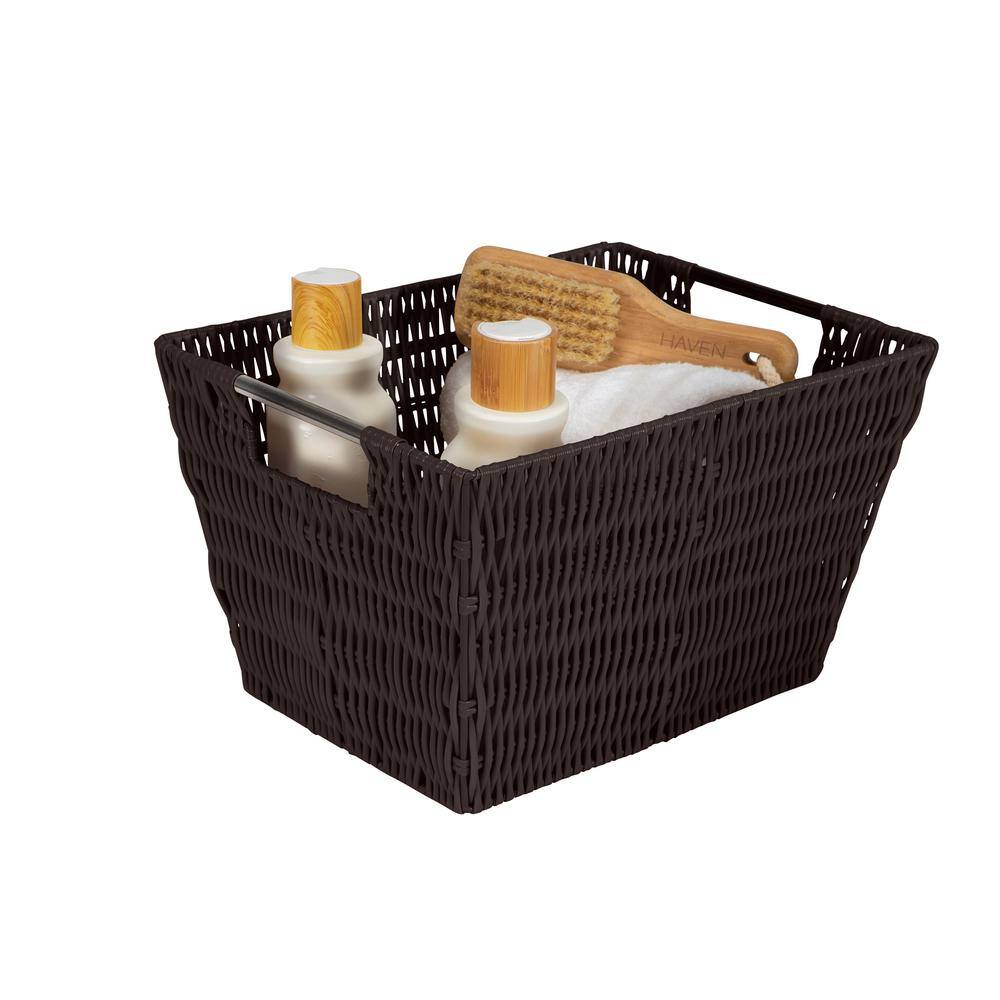 Rectangular Rattan Storage Basket with Stainless Steel Handles - Chocolate