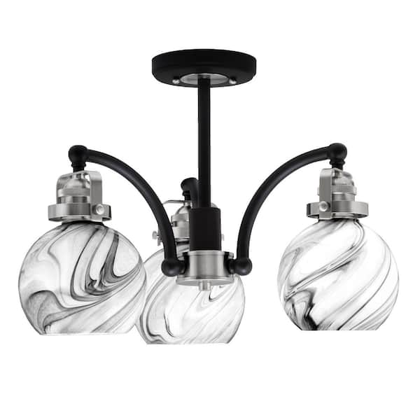 Unbranded Decatur 16 in. 3 Light Black and Nickel Semi-Flush with 5.75 in. Onyx Swirl Glass Shades No blulbs included