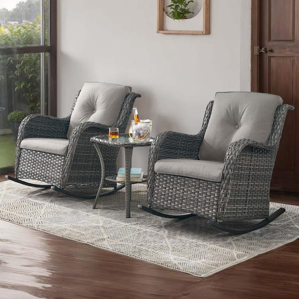 Outdoor Gray Wicker Outdoor Rocking Chair with CushionGuard Gray Cushions Patio (Set 2-Pack)