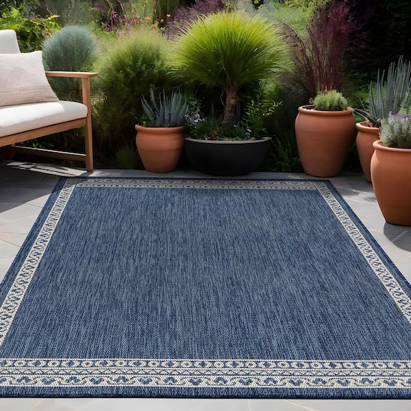 Frame Blue 9 ft. x 12 ft. Geometric Bordered Washable Indoor Outdoor Area Rug